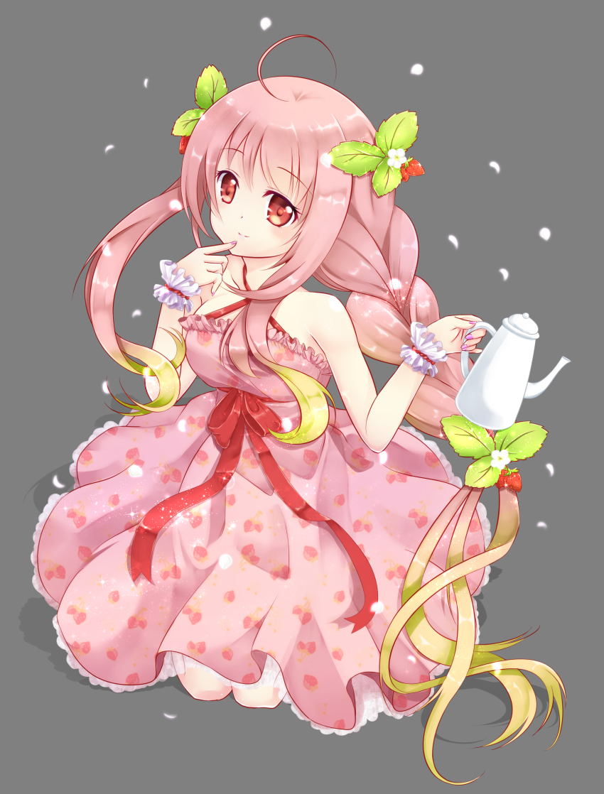 1girl absurdres ahoge bare_shoulders blonde_hair braid dress female_focus food-themed_hair_ornament food_print fruit_print full_body gradient_hair grey_background hair_ornament halterneck hands_up highres kneeling looking_at_viewer multicolored_hair nail_polish original pink_dress pink_hair purple_nails red_eyes scrunchie smile solo strawberry_hair_ornament strawberry_print teapot wrist_scrunchie yuitsuki1206