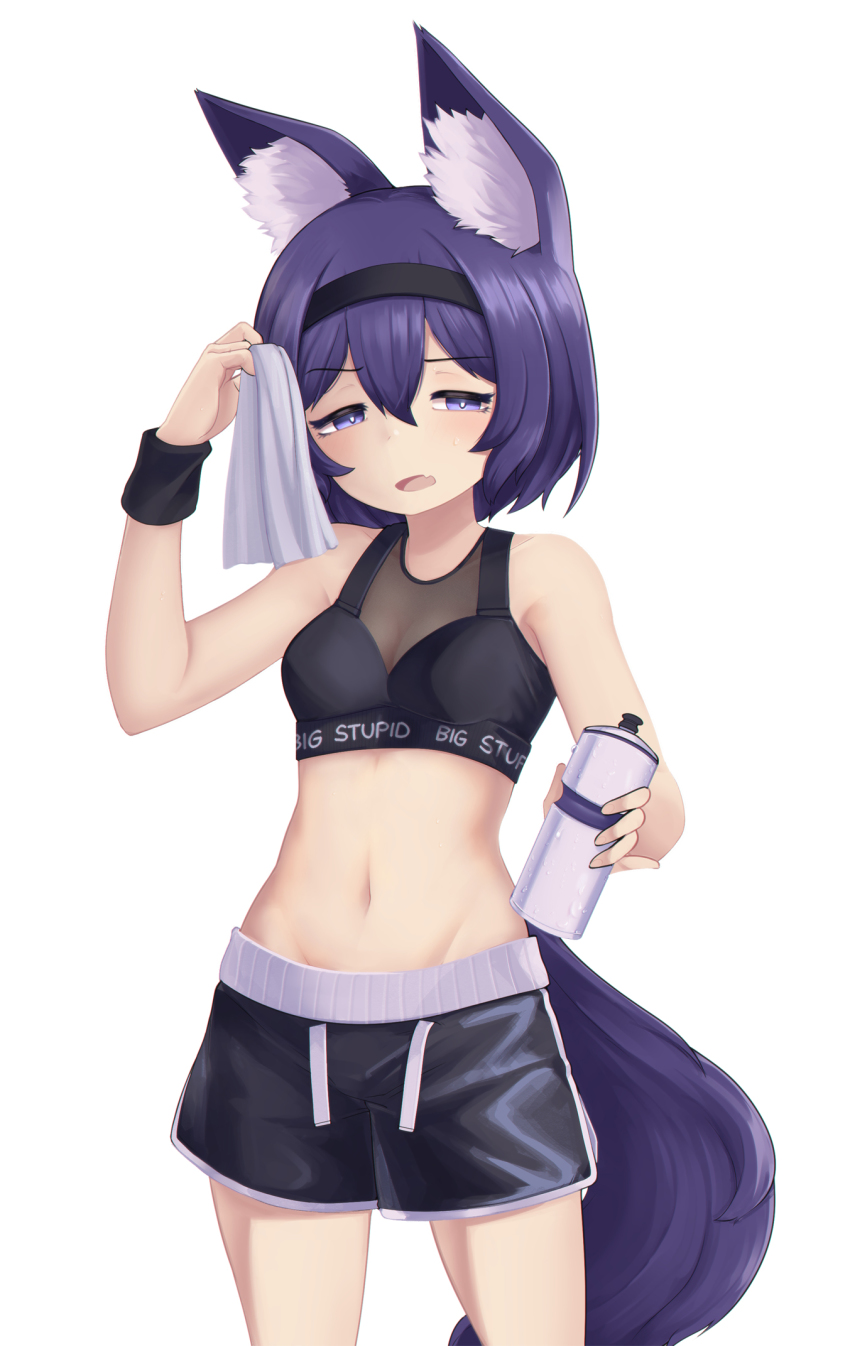 1girl animal_ear_fluff animal_ears bare_shoulders black_shorts blush bottle breasts commentary condensation cowboy_shot english_text fang fox_ears fox_girl fox_tail groin hairband half-closed_eyes hand_up highres holding holding_towel jacy looking_at_viewer midriff navel open_mouth original purple_eyes purple_hair short_hair shorts simple_background skin_fang small_breasts solo sports_bra sweat sweatband symbol-only_commentary tail towel water_bottle white_background wiping_sweat