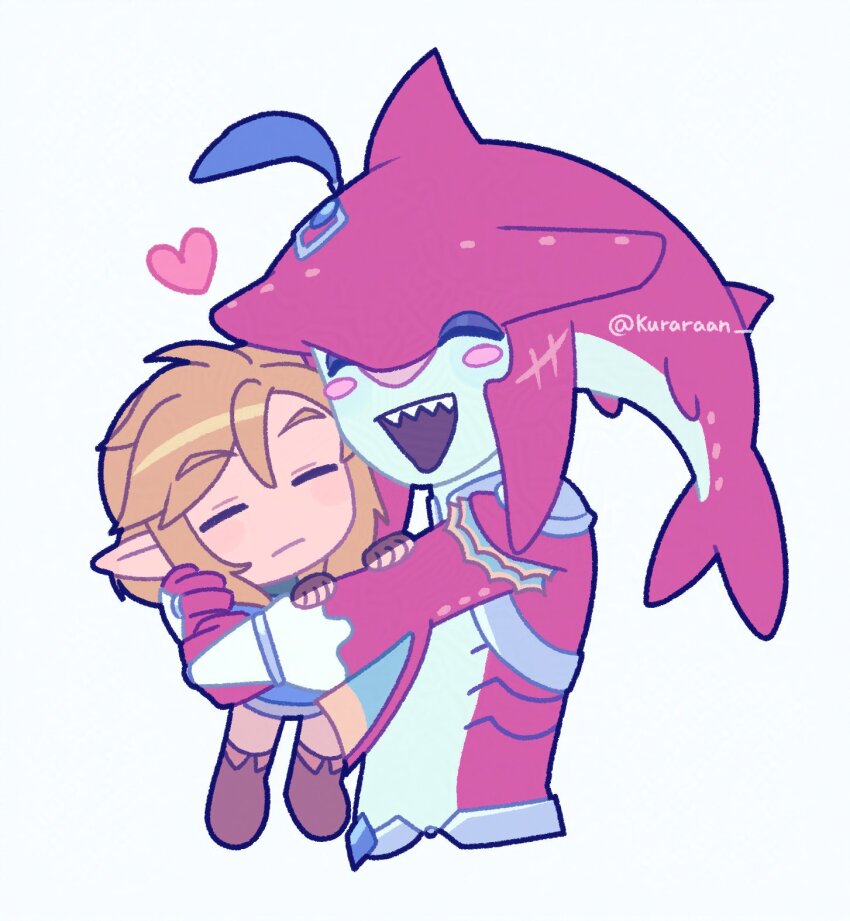 2boys :| armor belt black_boots blue_tunic blush_stickers boots chibi closed_eyes closed_mouth fingerless_gloves fins fish_boy gills gloves hair_between_eyes hand_on_another&#039;s_arm head_fins headpiece heart highres holding hug kuraraan link male_focus multiple_boys nintendo open_mouth parted_bangs pauldrons plume scar scar_on_head sharp_teeth shoulder_armor sidon simple_background teeth the_legend_of_zelda the_legend_of_zelda:_breath_of_the_wild tunic twitter_username upper_teeth_only white_background yaoi zora