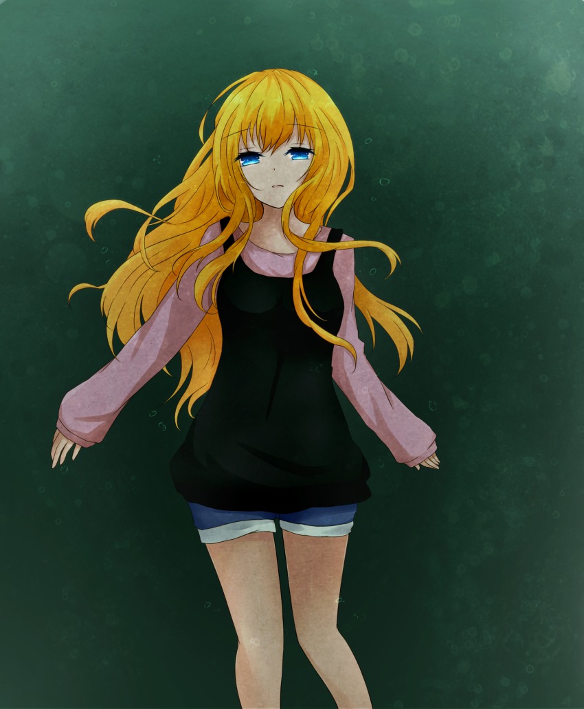 1girl artist_request bad_id bad_nicoseiga_id blonde_hair blue_eyes bubble denim denim_shorts female_focus gradient_background highres looking_at_viewer mermaid_swamp ningyo_numa open_mouth shorts sidelocks solo underwater yamazaki_rin