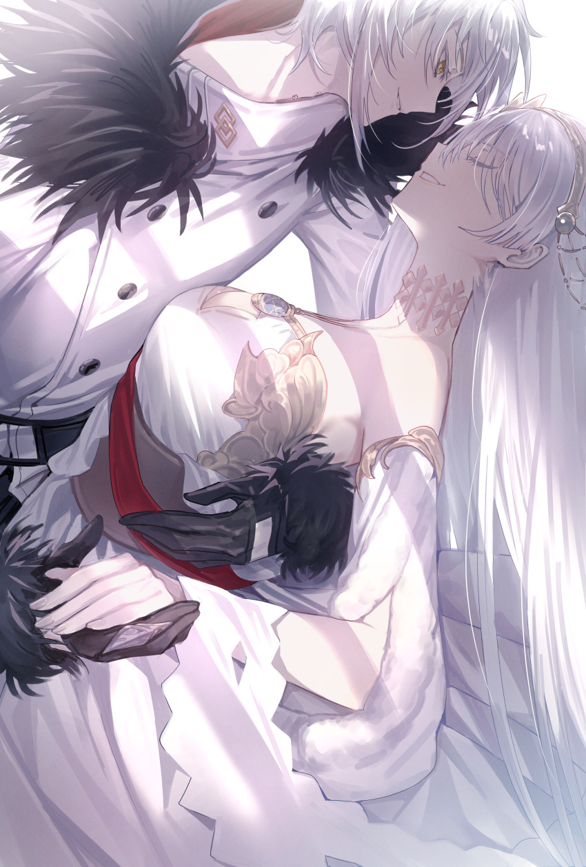 1boy 1girl absurdres anastasia_(fate) arms_around_waist bare_shoulders black_gloves breasts brooch chaldea_logo closed_eyes couple detached_sleeves dress eye_contact face-to-face fate/grand_order fate_(series) full_body fur-trimmed_jacket fur_trim gloves grey_hair hair_between_eyes hair_over_one_eye hairband hand_in_hand highres hug jacket jewelry kadoc_zemlupus large_breasts long_hair long_sleeves looking_at_another muneomon_(takomon) neck_piercing off_shoulder open_mouth royal_robe short_hair simple_background smile standing trinity_metatronius_(fate/grand_order) very_long_hair white_background white_dress white_jacket yellow_eyes