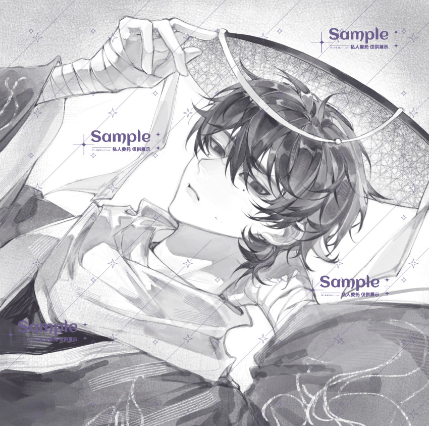 1boy bandaged_arm bandages cen_boyao chinese_commentary closed_mouth commentary_request dutch_angle greyscale hand_on_headwear hand_on_own_neck highres huayangshan_jishi long_sleeves male_focus mole mole_under_each_eye mole_under_eye monochrome mouqi799 multiple_moles sample_watermark scarf short_hair solo watermark wide_sleeves