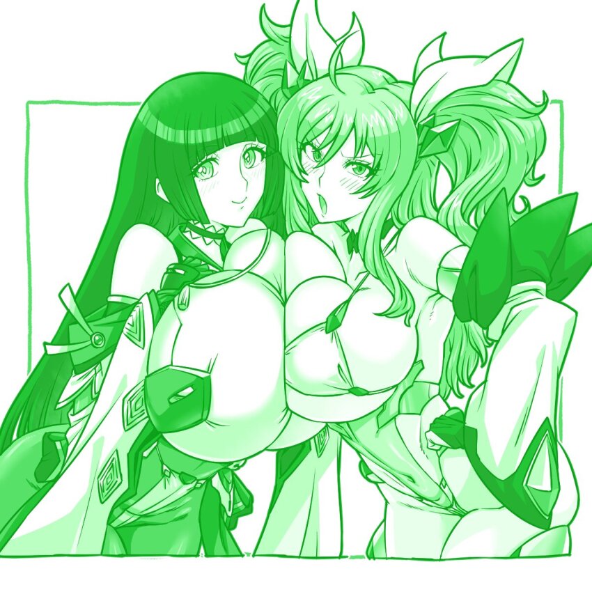 2girls :&gt; :o bare_legs blush bodysuit breast_press breasts breasts_squeezed_together covered_navel feet_out_of_frame female_focus gigantic_breasts hands_on_own_hips highleg highleg_leotard highres hime_cut huge_breasts impossible_bodysuit impossible_clothes japanese_clothes kenchi leotard long_hair mikami_chizu miko multiple_girls onizaki_kirara revealing_clothes shiny_clothes solo taimanin_(series) taimanin_rpgx taimanin_suit thong thong_leotard trait_connection twintails very_long_hair wide_hips