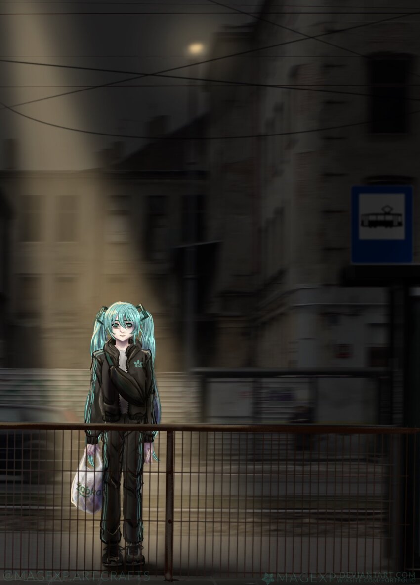 1girl adidas aqua_hair black_track_suit blurry blurry_background building city commentary english_commentary fence full_body hair_ornament hatsune_miku highres jacket lamppost light_rays long_hair long_sleeves looking_at_viewer magexp night outdoors pants poland power_lines road_sign sign solo standing sunbeam sunlight track_jacket track_pants track_suit twintails vocaloid worldwide_miku