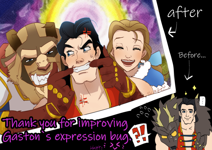 beast_(disney) beauty_and_the_beast_(disney) belle_(disney) closed_eyes disney disney_mirrorverse forced_smile gaston smile