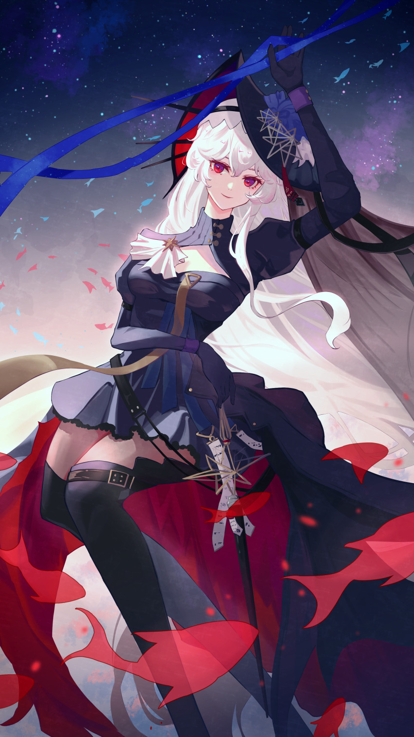 1girl absurdres ambience_synesthesia aoi_tooru arknights arm_up black_dress black_gloves black_hat black_pantyhose closed_mouth clothing_cutout dress gloves hair_between_eyes hat highres juliet_sleeves long_hair long_sleeves looking_at_viewer official_alternate_costume pantyhose puffy_sleeves red_eyes smile solo specter_(arknights) specter_the_unchained_(arknights) specter_the_unchained_(born_as_one)_(arknights) thigh_cutout white_hair