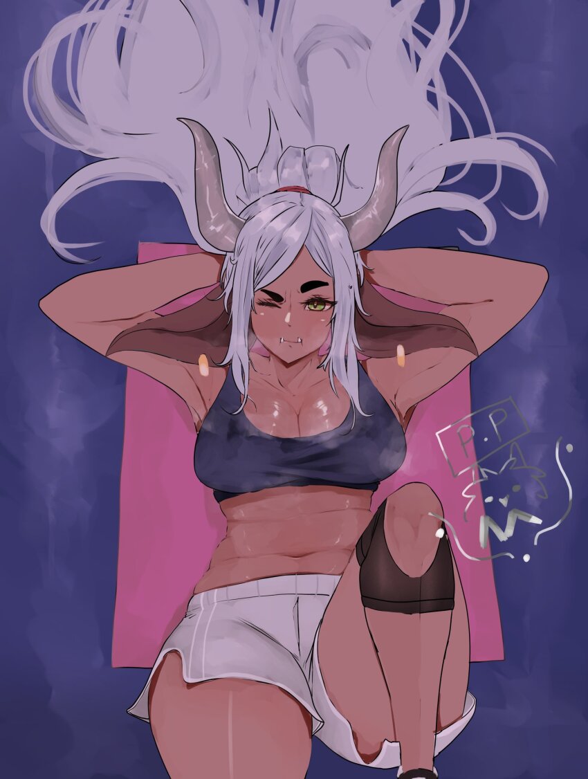 1girl animal_ears black_sports_bra blue_background breasts cleavage closed_mouth commentary compression_shirt cow_ears cow_girl dark-skinned_female dark_skin dolphin_shorts earrings english_commentary exercising feet_out_of_frame green_eyes grey_horns grey_shorts highres honeydew_(vtuber) horns indie_virtual_youtuber jewelry large_breasts long_hair looking_at_viewer one_eye_closed shorts sit-up solo sports_bra tusks virtual_youtuber weeze white_hair yoga_mat