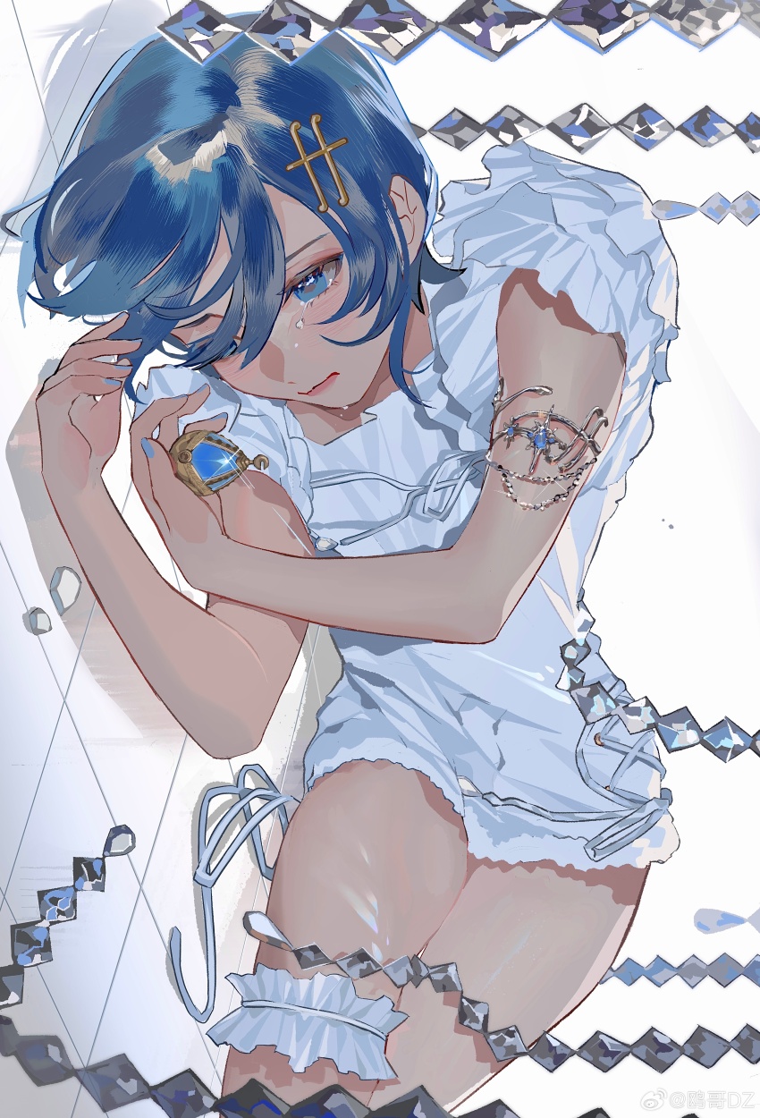 1girl absurdres alternate_costume armlet bare_arms blue_eyes blue_gemstone blue_hair blue_nails bridal_gauntlets chinese_commentary closed_mouth commentary_request cowboy_shot crying crying_with_eyes_open dress eyelashes eyeshadow fortissimo frilled_garter frilled_sleeves frills gem gleam hair_between_eyes hair_ornament hairclip highres holding holding_gem jewelry light_blush lipstick mahou_shoujo_madoka_magica mahou_shoujo_madoka_magica_(anime) makeup miki_sayaka musical_note musical_note_hair_ornament nail_polish on_floor ouge_dz pink_eyeshadow pink_lips purple_pupils ribbon rock sad shadow shirt short_dress short_hair short_sleeves sideways solo soul_gem tears tile_floor tiles white_background white_garter white_ribbon white_shirt
