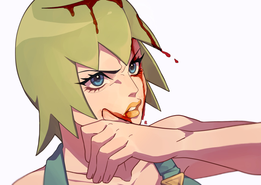 1girl absurdres bare_shoulders blood blood_in_hair blood_on_face blue_eyes foo_fighters_(jojo) green_hair highres jojo_no_kimyou_na_bouken orange_lips overalls short_hair siniy solo stone_ocean wiping_face