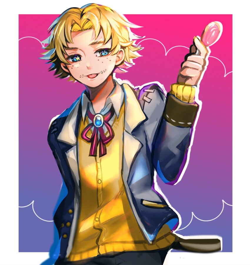 1boy black_pants blonde_hair blue_background blue_eyes blue_jacket border brooch candy cardigan collared_shirt food freckles gradient_background highres holding holding_candy holding_food holding_lollipop identity_v jacket jewelry lollipop long_sleeves looking_at_viewer male_focus mike_morton mismatched_pupils neck_ribbon open_clothes open_jacket outside_border pants parted_bangs pink_background pink_ribbon ribbon sansai_toritori school_uniform shirt short_hair sleeves_past_wrists solo star-shaped_pupils star_(symbol) stitched_mouth stitches symbol-shaped_pupils tongue tongue_out upper_body white_border white_shirt yellow_cardigan