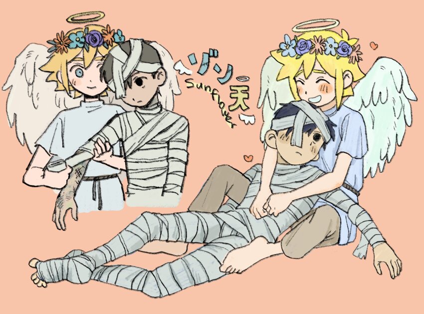 2boys absurdres alternate_costume angel angel_wings antenna_hair barefoot basil_(faraway)_(omori) basil_(omori) black_eyes black_hair blonde_hair blue_eyes blush brown_background brown_pants closed_mouth double-parted_bangs flower flower_wreath hair_between_eyes halloween_costume halo head_wreath heart highres looking_at_another male_focus multiple_boys mummy_costume omori open_mouth pants ship_name short_hair short_sleeves sidelocks simple_background sitting smile sunny_(omori) translation_request uowhx wings yaoi