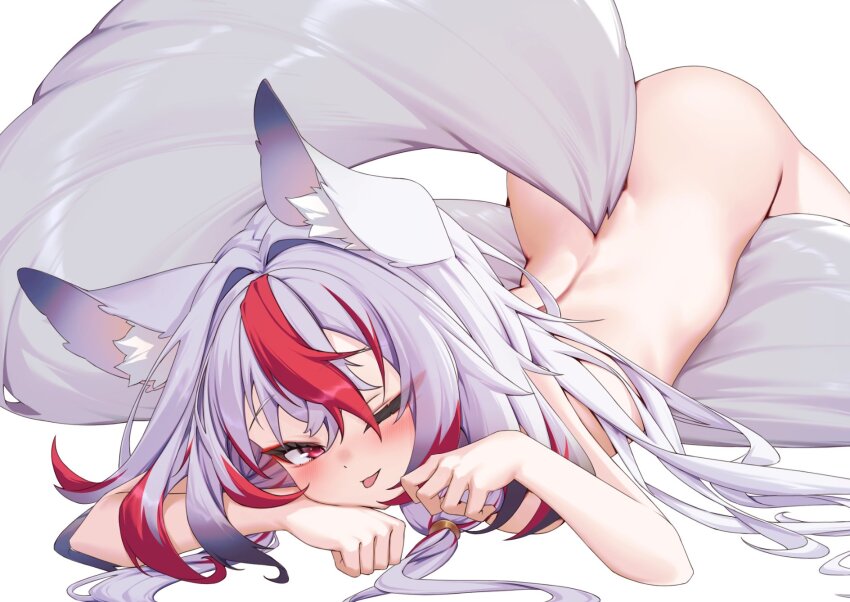1girl ;p animal_ears breasts eyeliner fox_ears fox_girl fox_tail grey_hair highres long_hair looking_at_viewer lying makeup ninsaki_(9saki) nude on_pillow on_stomach one_eye_closed original pillow red_eyeliner red_eyes red_hair simple_background tail tongue tongue_out top-down_bottom-up white_background white_hair