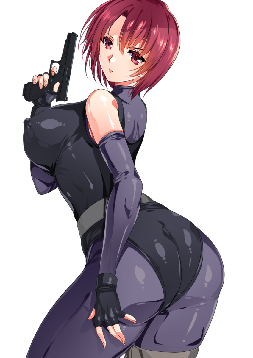 1girl arm_warmers artist_request ass ass_focus bare_shoulders bodysuit breasts covered_erect_nipples dino_crisis finger_on_trigger fingerless_gloves from_behind glock gloves gun handgun highres holster huge_ass large_breasts leotard looking_at_viewer pistol red_eyes red_hair regina_(dino_crisis) short_hair sideboob skin_tight solo thigh_holster weapon