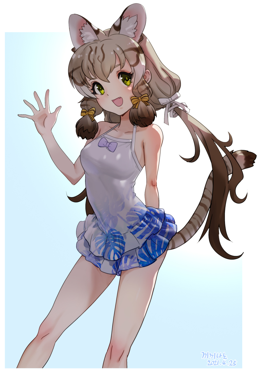 1girl :d absurdres alternate_costume animal_ear_fluff animal_ears blue_background bow breasts brown_hair cat_ears cat_girl cat_tail collarbone commentary_request dated dress extra_ears fang geoffroy&#039;s_cat_(kemono_friends) gradient_background gradient_hair green_eyes hair_ribbon highres kemono_friends korean_commentary light_brown_hair looking_at_viewer low_twintails medium_breasts multicolored_hair open_mouth purple_bow ribbon roonhee simple_background sleeveless sleeveless_dress smile solo spaghetti_strap tail twintails waving white_ribbon