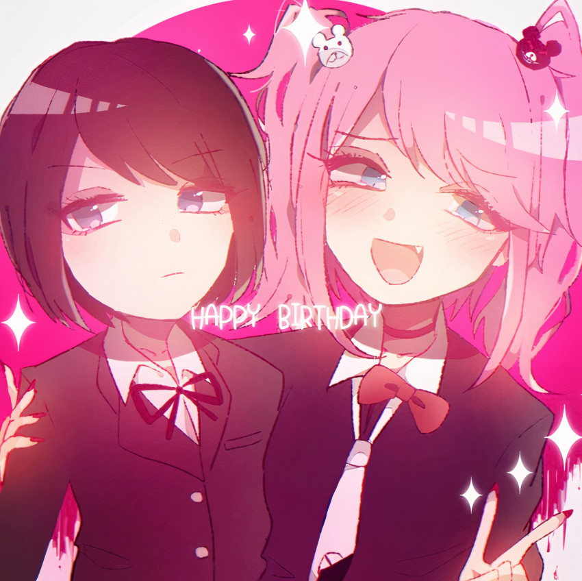 2girls arm_around_shoulder arm_up bear_hair_ornament black_choker black_hair black_neckwear black_shirt blonde_hair blue_eyes blush bow bowtie breast_pocket brown_coat brown_jacket buttons choker coat collarbone collared_shirt danganronpa:_trigger_happy_havoc danganronpa_(series) english_text enoshima_junko fake_nails fang fang_out fingernails grey_eyes hair_ornament hand_on_another&#039;s_shoulder hand_up happy_birthday head highres hug ikusaba_mukuro incest jacket long_eyelashes long_fingernails long_hair medium_hair multicolored_background multicolored_neckwear multiple_girls nail_polish neck_ribbon necktie open_mouth pink_background pocket red_bow red_nails ribbon shirt siblings sisters smile tongue twincest twins twintails upper_body v white_background yuri