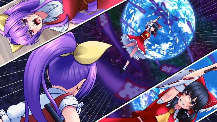 2girls ascot battle belt black_hair bow brown_eyes buttoned_cuffs buttons detached_sleeves earth_(planet) emphasis_lines energy frilled_bow frilled_hair_tubes frills gohei hair_bow hair_ribbon hair_tubes hakurei_reimu high_ponytail highres long_hair medium_hair midriff multiple_girls ofuda open_mouth planet ponytail purple_hair red_eyes ribbon sharp_teeth shirt short_sleeves silent_sinner_in_blue single_strap smile star_(sky) sweatdrop talisman tatsu_toyoyo teeth touhou touhou_bougetsushou watatsuki_no_yorihime white_shirt yellow_ascot yellow_ribbon