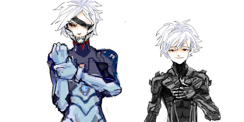 2boys cosplay costume_switch crossover cyborg_ninja eyepatch mecha_pilot_suit metal_gear_(series) metal_gear_rising:_revengeance multiple_boys nagisa_kaworu neon_genesis_evangelion oekaki plugsuit_(evangelion) raiden_(metal_gear) red_eyes white_hair womu