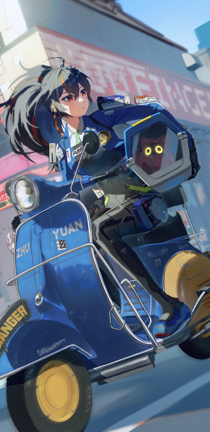 1girl absurdres belt black_belt blue_jacket blue_sky breasts carrying carrying_under_arm checkered_necktie city closed_mouth day devilboo_(zenless_zone_zero) earpiece emo_qianzi high-waist_pants highres holster jacket large_breasts looking_to_the_side metal_hairband motor_vehicle motorcycle multicolored_hair necktie pants pet_carrier police police_badge police_uniform policewoman red_eyes red_hair riding scooter shoulder_holster sky solo streaked_hair tight_clothes tight_pants vespa zenless_zone_zero zhu_yuan