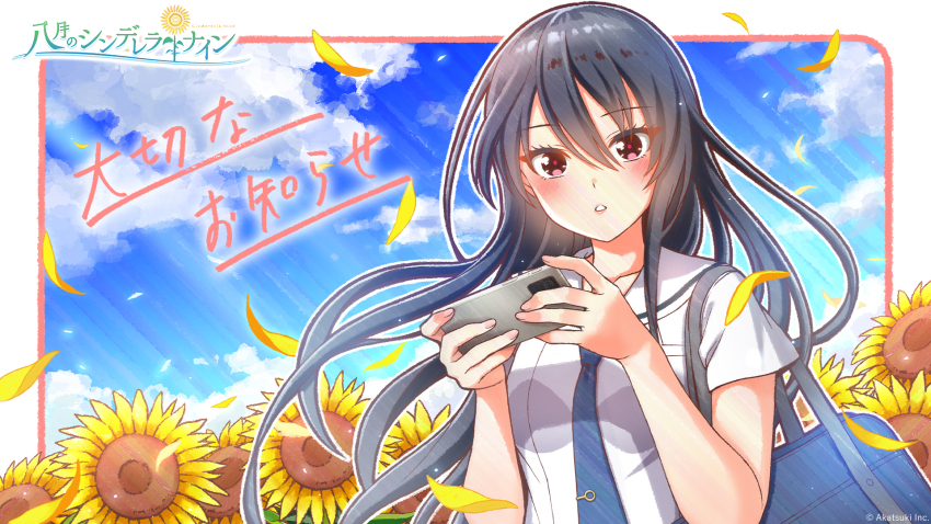1girl bag black_hair blue_bag blue_necktie border cellphone cinderella_series cloud copyright_name falling_petals field floating_hair flower flower_field hachigatsu_no_cinderella_nine hair_between_eyes hanako_(akatsuki) highres holding holding_phone long_hair looking_at_viewer necktie official_art outdoors outside_border parted_lips petals phone red_eyes sailor_collar satogahama_school_uniform school_bag school_uniform serafuku shinonome_ryo shirt short_sleeves sky smartphone solo standing summer_uniform sunflower sunflower_field very_long_hair white_border white_sailor_collar white_shirt wind yellow_petals