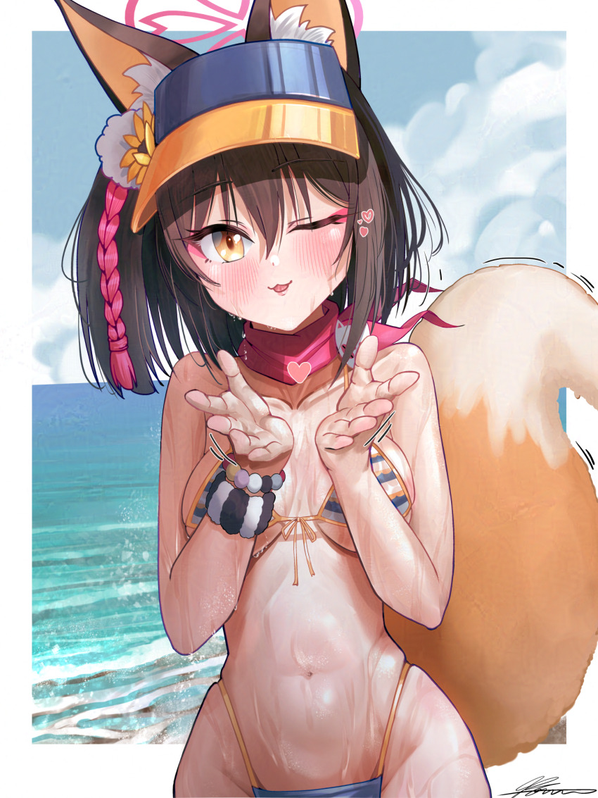 1girl animal_ear_fluff animal_ears bikini blue_archive brown_hair eyeshadow flower fox_ears fox_girl fox_tail front-tie_bikini_top front-tie_top hair_flower hair_ornament halo heart highleg highleg_bikini highres izuna_(blue_archive) izuna_(swimsuit)_(blue_archive) looking_at_viewer makeup ocean official_alternate_costume one_eye_closed pink_eyeshadow pink_halo pink_scarf pom_pom_(clothes) pom_pom_hair_ornament scarf solharuu solo striped_bikini striped_clothes sunflower sunflower_hair_ornament swimsuit tail visor_cap wet wink_heart