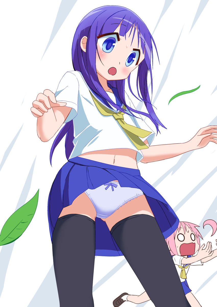 0_0 2girls absurdres black_shoes black_thighhighs blue_eyes blue_sailor_collar blue_skirt bow bow_panties clothes_lift commentary_request highres hinata_yukari leaf long_hair mary_janes miniskirt multiple_girls neckerchief nonohara_yuzuko nyoki_naioki open_mouth panties pleated_skirt purple_hair sailor_collar school_uniform serafuku shirt shoes skirt skirt_lift solo sweatdrop thighhighs underwear white_background white_panties white_shirt wind wind_lift yellow_neckerchief yuyushiki yuyushiki&#039;s_school_uniform
