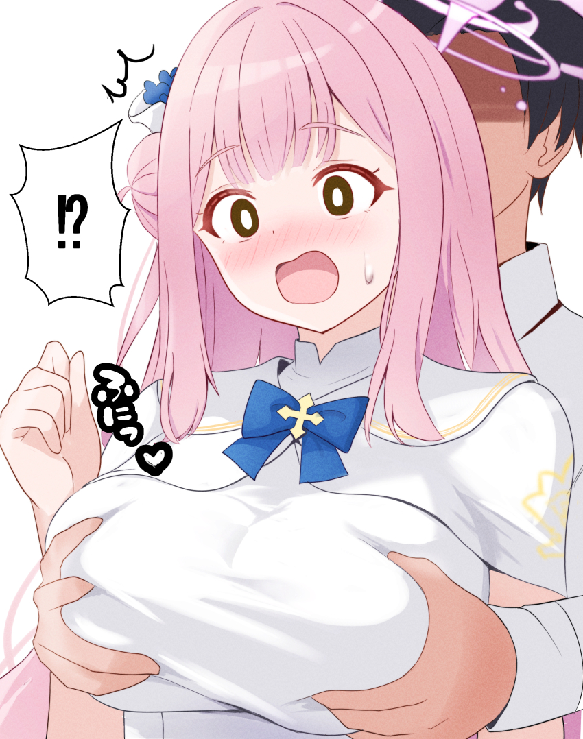 !? 1boy 1girl ^^^ absurdres alternate_eye_color black_eyes black_hair blue_archive blue_bow blue_bowtie blush bow bowtie breasts bright_pupils capelet collared_shirt commentary_request faceless faceless_male grabbing_another&#039;s_breast grabbing_from_behind groping hand_up highres large_breasts long_hair mika_(blue_archive) open_mouth pink_hair raised_eyebrows rikki sensei_(blue_archive) sensei_(blue_archive_the_animation) shaded_face shirt short_hair sidelocks sweatdrop translation_request upper_body white_background white_capelet white_pupils white_shirt