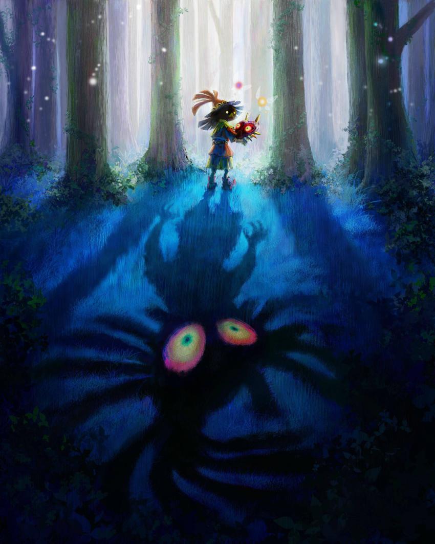 absurdres artist_request fireflies forest glowing glowing_eyes highres logo majora_(entity) mask nature nintendo official_art shadow skull_kid tael tatl the_legend_of_zelda the_legend_of_zelda:_majora&#039;s_mask tree
