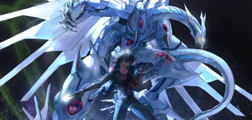 1boy absurdres belt belt_pouch black_hair black_shirt blue_eyes blue_jacket blue_trim brown_belt brown_gloves card dappled_moonlight dragon duel_disk duel_monster elbow_gloves energy_ring facing_to_the_side flying fudo_yusei gloves grey_pants highres holding holding_card horns jacket light_rays looking_to_the_side male_focus mechanical_arms mechanical_hands mechanical_horns mechanical_legs mechanical_wings momentcorefly moonlight night night_sky non-web_source open_clothes open_jacket outdoors outstretched_arms pants popped_collar pouch shirt shooting_majestic_star_dragon shoulder_pads sky source_request spiked_hair white_trim wings yellow_eyes yu-gi-oh! yu-gi-oh!_5d&#039;s