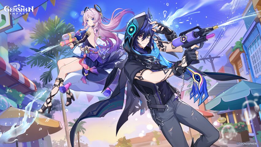 1boy 1girl absurdres animal_ear_fluff animal_ears arm_tattoo bare_shoulders bat_ears black_gloves black_hood black_jacket black_leotard black_shoes blue_hair blue_scarf blush braid breasts citlali_(genshin_impact) closed_mouth facial_mark fingerless_gloves forehead_mark genshin_impact gloves grandmother_and_grandson grey_pants hair_between_eyes hair_ornament high_heels highres holding holding_water_gun hood hood_up jacket leotard logo long_hair looking_at_viewer multicolored_hair neck_tattoo official_art one_eye_closed ororon_(genshin_impact) pants pink_eyes pink_hair pink_pupils scarf shoes tattoo thai_commentary torn_clothes torn_pants triangle triangle_facial_mark twin_braids upper_body very_long_hair vision_(genshin_impact) water water_gun