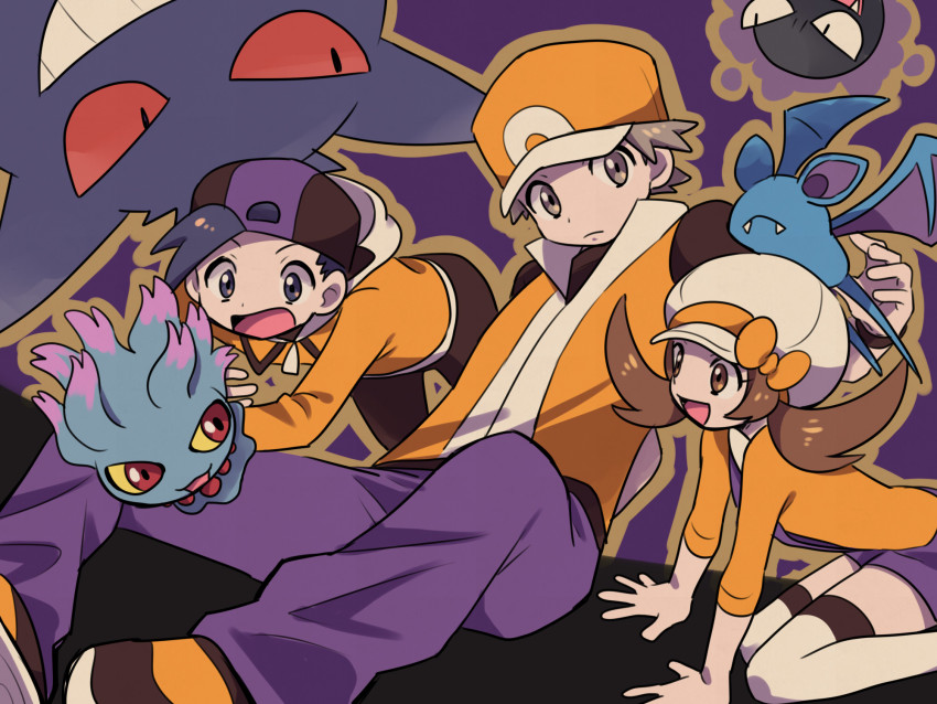 1girl 2boys ethan_(pokemon) gastly gen_1_pokemon gen_2_pokemon gengar highres lyra_(pokemon) misdreavus multiple_boys nintendo pokemon pokemon_(creature) pokemon_frlg pokemon_hgss pumpkinpan red_(pokemon) red_(pokemon_frlg) tagme zubat