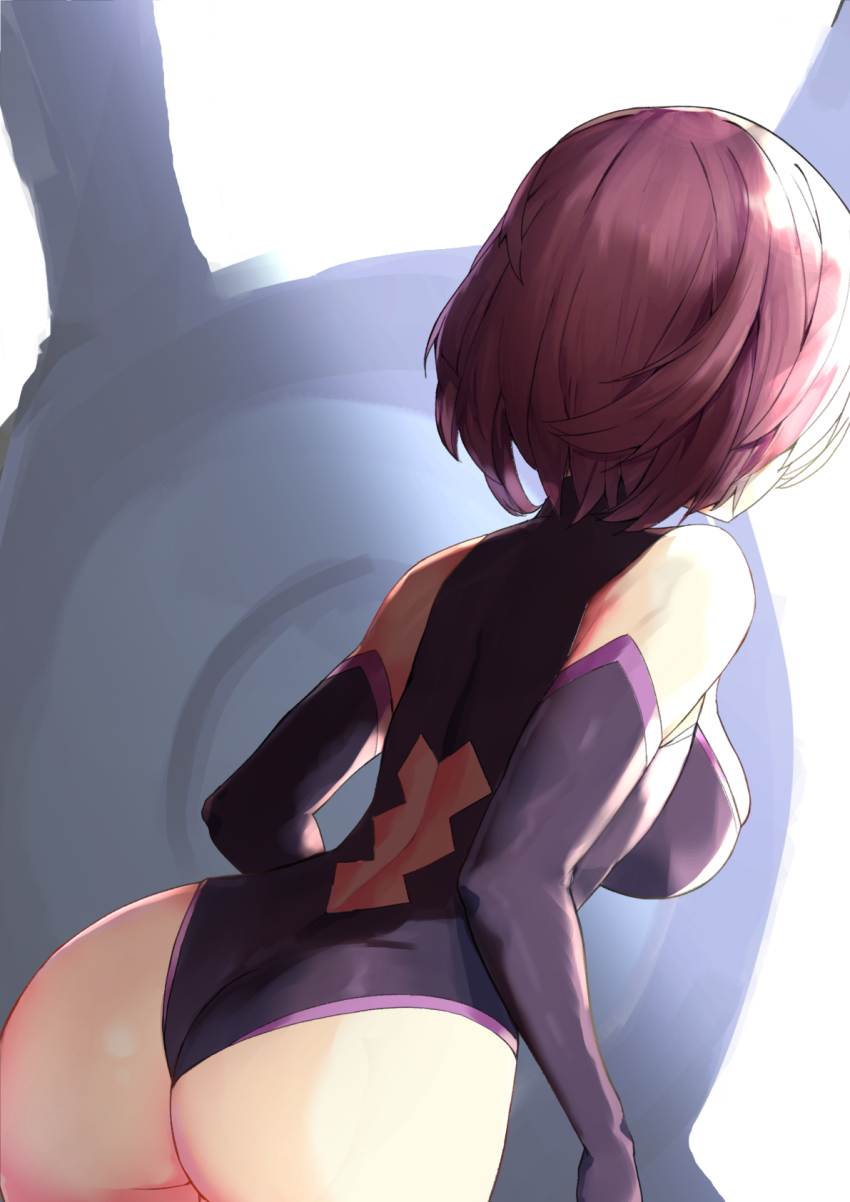 1girl 714_(leg200kr) ass back_cutout bare_shoulders breasts clothing_cutout commentary cowboy_shot elbow_gloves fate/grand_order fate_(series) from_behind gloves highres holding holding_shield leotard lord_camelot_(fate) mash_kyrielight mash_kyrielight_(demi-servant) purple_gloves purple_hair purple_leotard shield short_hair simple_background solo symbol-only_commentary white_background