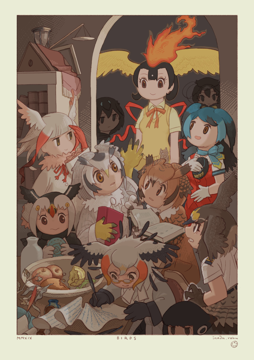 6+girls absurdres adelie_penguin_(kemono_friends) apple aqua_hair arms_at_sides atlantic_puffin_(kemono_friends) bird_wings black_eyes black_hair blonde_hair book border bottle brown_eyes brown_hair chibi closed_mouth eurasian_eagle_owl_(kemono_friends) feathers fiery_hair fire floating_hair food fruit gloves glowing grey_hair hand_up headphones hi_no_tori hi_no_tori_(kemono_friends) highres holding holding_book holding_feather holding_food inada_roku indoors japanese_crested_ibis_(kemono_friends) japari_bun jitome kemono_friends long_hair long_sleeves looking_at_another looking_at_object medium_hair multicolored_hair multiple_girls northern_white-faced_owl_(kemono_friends) open_mouth orange_hair paper parted_lips passenger_pigeon_(kemono_friends) peregrine_falcon_(kemono_friends) red_hair red_headwear scarf secretarybird_(kemono_friends) shirt short_sleeves smile superb_bird-of-paradise_(kemono_friends) sweater_vest table twitter_username vest western_parotia_(kemono_friends) white_hair wide_sleeves wings writing