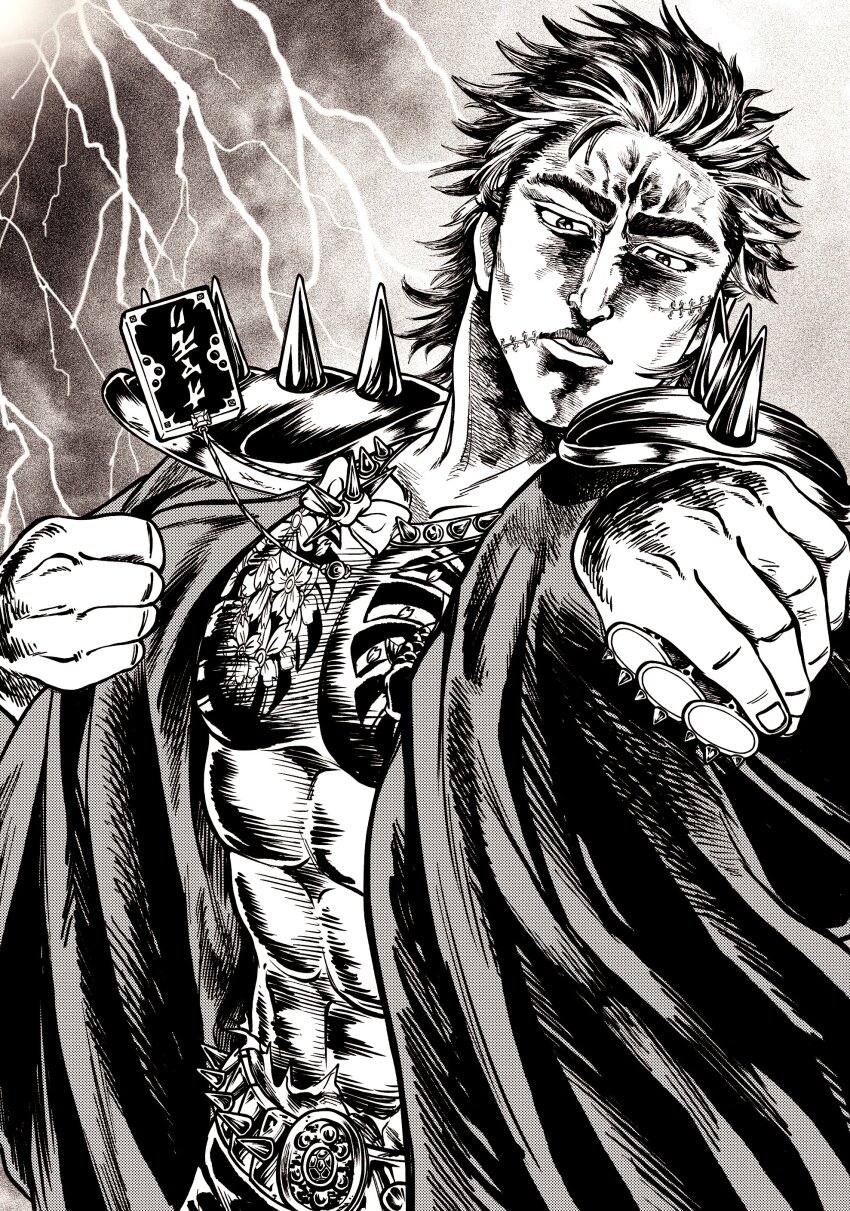 1boy abs absurdres armor belt bow cape chest_tattoo chiba_you collar flower_tattoo greyscale hara_tetsuo_(style) highres hokuto_no_ken inomoto_natsuki lightning lightning_background looking_at_viewer male_focus monochrome muscular muscular_male official_art open_clothes parody pauldrons removing_jacket scar scar_on_face shoulder_armor solo spiked_belt spiked_collar spiked_pauldrons spikes stitched_face stitches storm_cloud style_parody tattoo youchien_wars