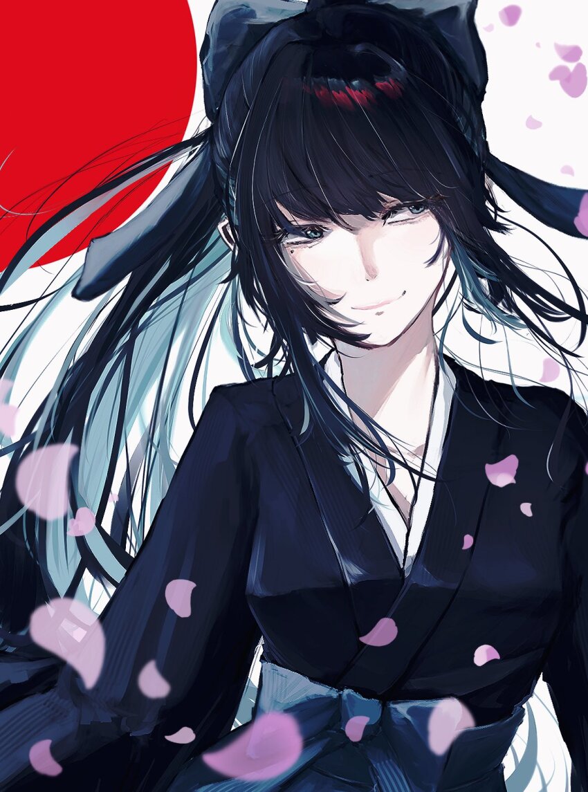 1girl ado_(utaite) black_hair black_kimono blue_eyes blue_hair chando_(ado) cherry_blossoms closed_mouth colored_inner_hair commentary_request falling_petals highres japanese_clothes kimono long_hair mole mole_under_eye multicolored_hair obi petals sash solo tanake_(tanakei_ado) upper_body utaite