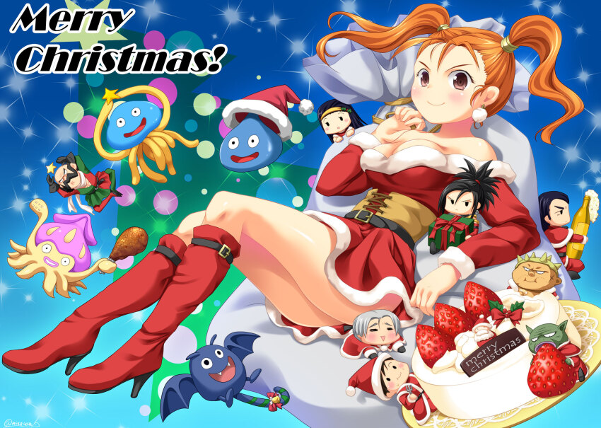breasts brown_eyes christmas christmas_tree cleavage closed_mouth dragon_quest dragon_quest_viii dress earrings hero_(dq8) highres jessica_albert jewelry kukuru_(dq8) long_hair looking_at_viewer medea_(dq8) medium_breasts merry_christmas multiple_boys multiple_girls nise_(nisej) orange_hair red_(dq8) slime_(dragon_quest) smile twintails yangus