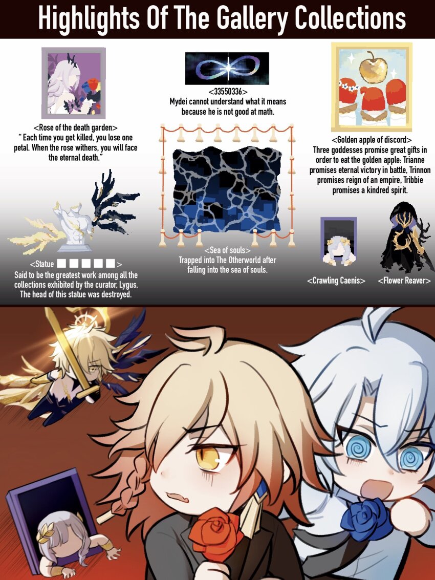 3boys alternate_form antenna_hair asymmetrical_wings black_choker black_jacket black_shirt black_wings blonde_hair blue_eyes braid carrying carrying_person castorice_(honkai:_star_rail) chibi choker collared_shirt commentary cracked_skin english_commentary facial_tattoo flame_reaver_of_the_deepest_dark gradient_hair hair_between_eyes halo halo_behind_head highres holding holding_sword holding_weapon honkai:_star_rail honkai_(series) jacket male_focus medium_hair multicolored_hair multiple_boys mydei_(honkai:_star_rail) official_alternate_costume parted_bangs phainon_(anan)_(honkai:_star_rail) phainon_(honkai:_star_rail) phainon_(khaslana)_(honkai:_star_rail) piongpiongbiu red_hair shirt short_hair side_braid sword tattoo trianne_(honkai:_star_rail) tribbie_(honkai:_star_rail) trinnon_(honkai:_star_rail) turtleneck turtleneck_shirt weapon white_hair white_shirt wings yaoi yellow_eyes yellow_wings