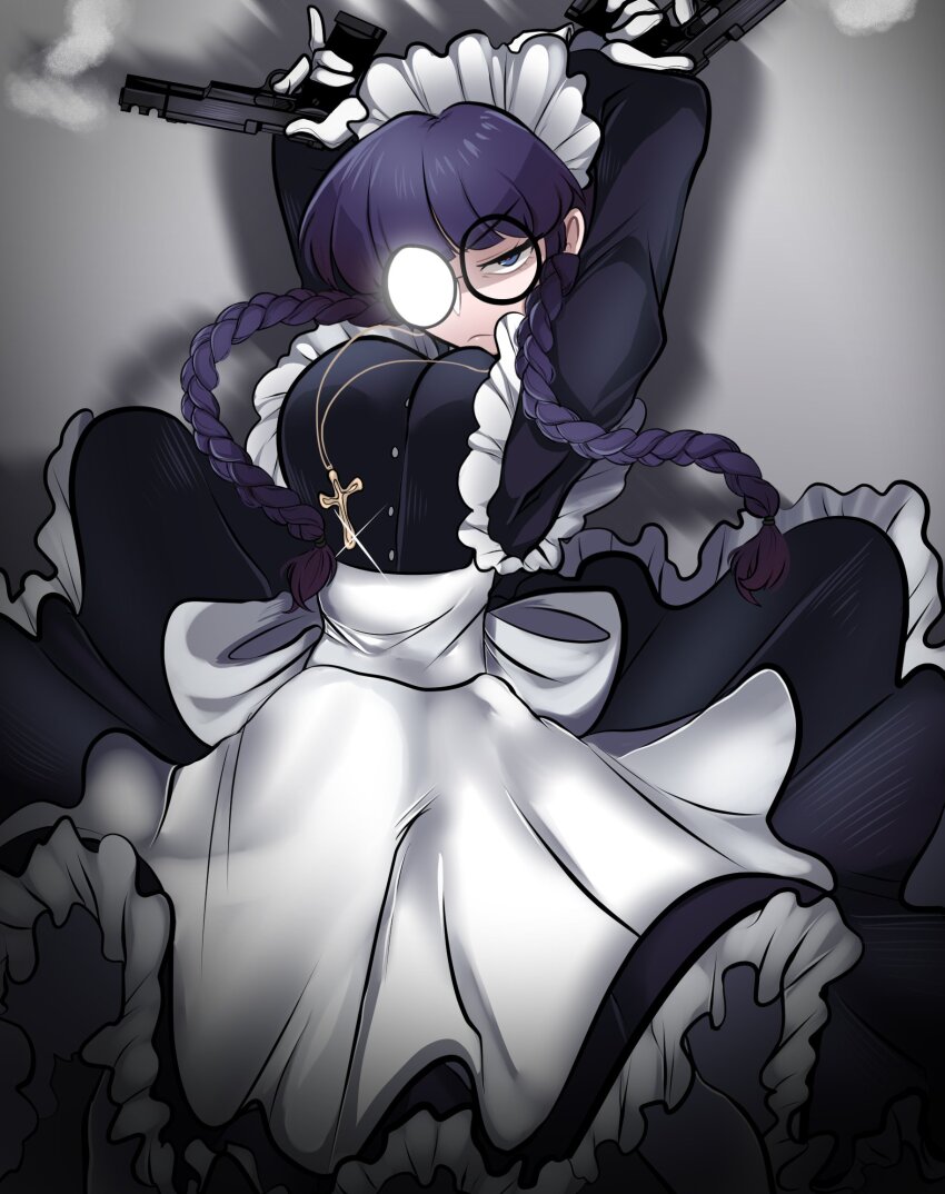 1girl apron black_dress black_hair black_lagoon braid dress expressionless gun handgun highres holding holding_gun holding_weapon long_hair m1911 maid missandydandy roberta_(black_lagoon) round_eyewear solo twin_braids weapon