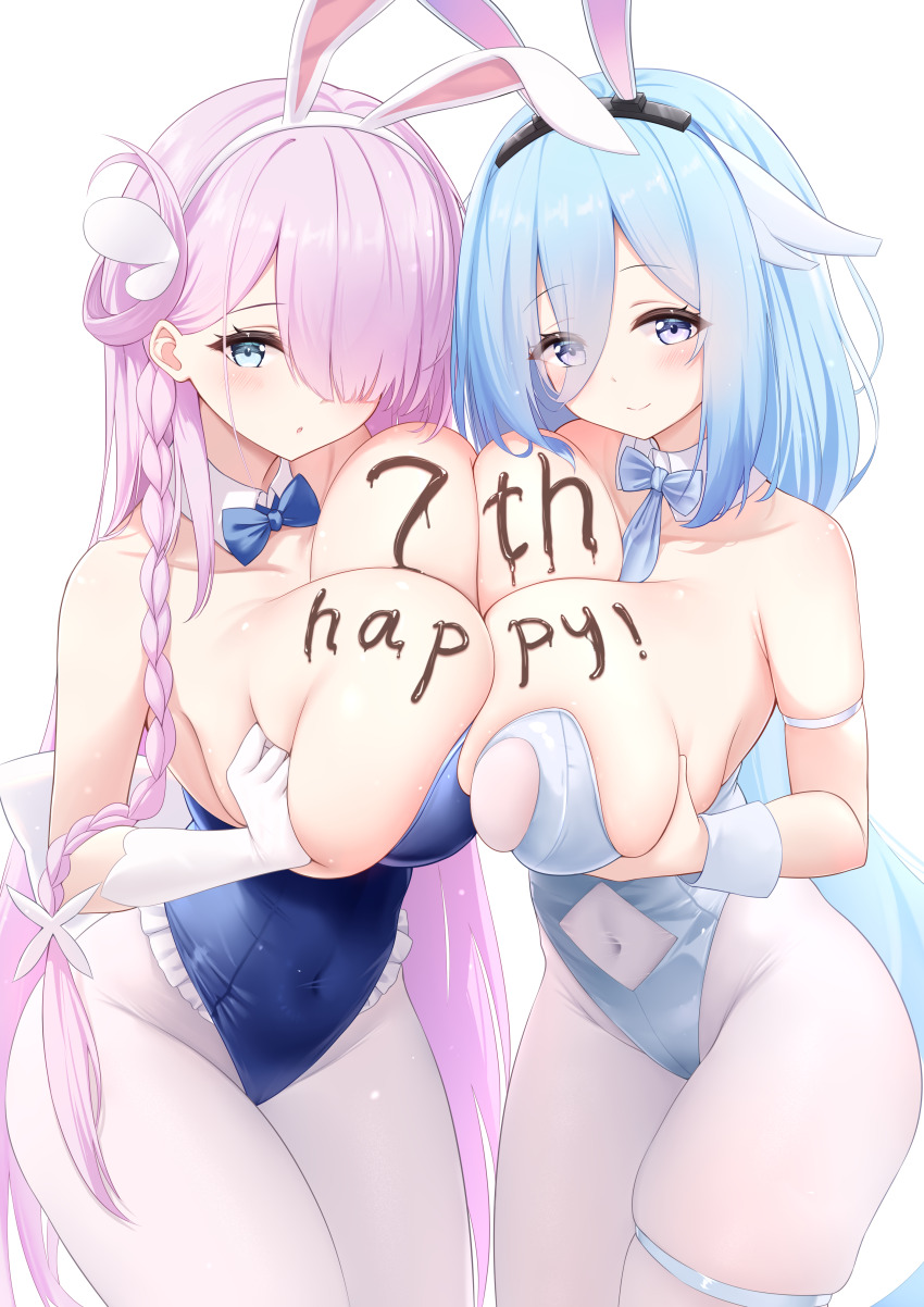 1girl :o absurdres animal_ears arm_strap azur_lane bare_shoulders blue_eyes blue_hair blush bow bowtie braid breasts closed_mouth collarbone constellation_(azur_lane) covered_navel eyebrows_hidden_by_hair gloves hair_over_one_eye highres large_breasts leotard long_hair looking_at_viewer louisville_(azur_lane) navel one_eye_covered open_mouth pantyhose pink_hair playboy_bunny qian_hen rabbit_ears smile thigh_strap white_gloves white_pantyhose