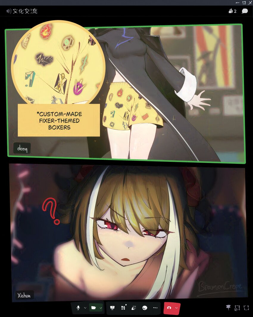 2girls ? absurdres animalization black_coat black_dress black_hair boxers bramoncrepe cat china_dress chinese_clothes chinese_text cinq_east_(identity)_(project_moon) coat commentary don_quixote_(project_moon) double_bun dress english_commentary hair_bun highres jia_xichun_(project_moon) library_of_ruina limbus_company male_underwear meme multiple_girls no_bra pink_eyes poster_(object) project_moon red_shirt shirt twintails underwear video_call white_streaks yuri