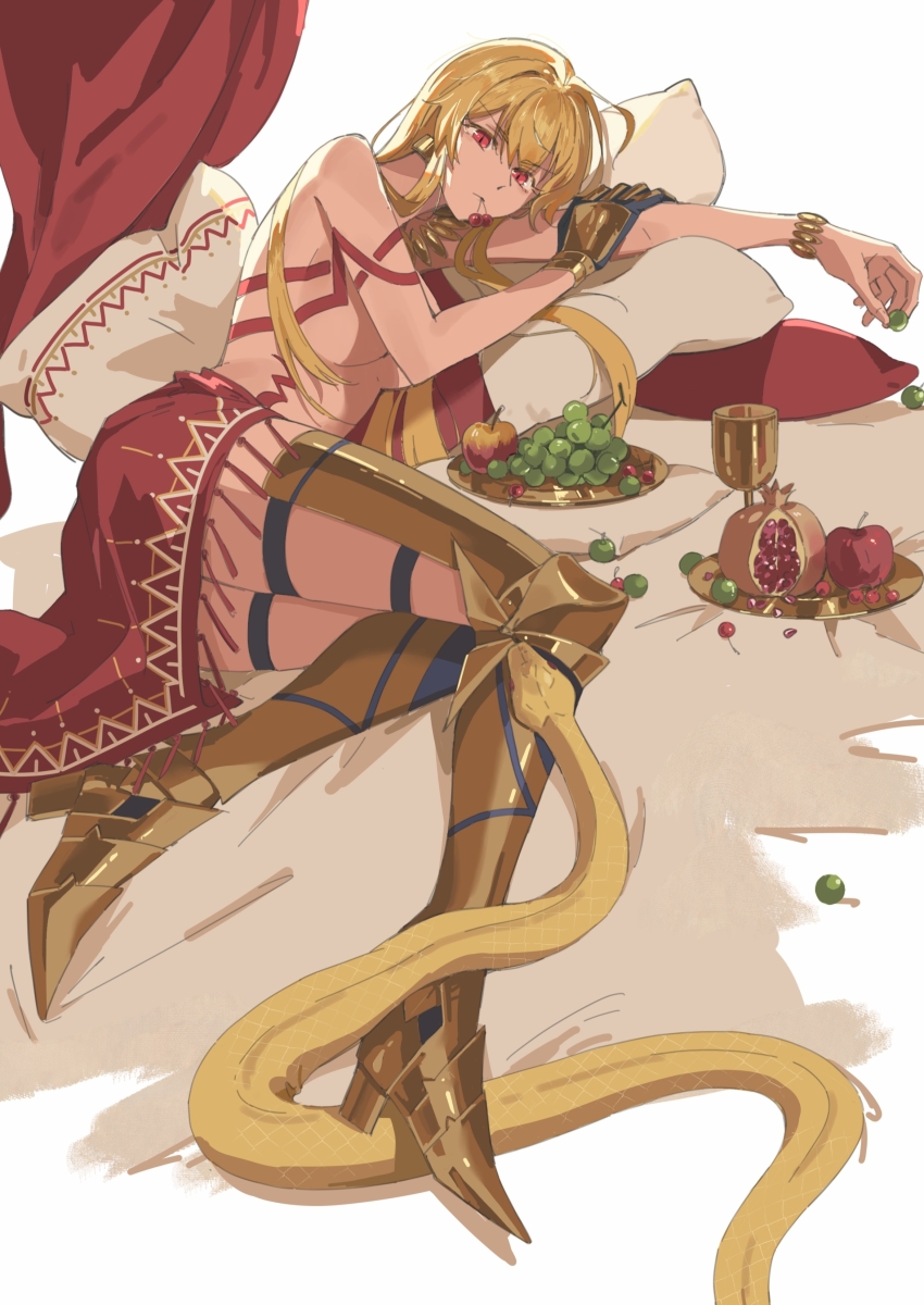 1girl absurdres apple armor blonde_hair boots bracelet breasts cherry chinese_commentary commentary_request convenient_censoring earrings fate/grand_order fate_(series) food fruit full_body gauntlets genderswap genderswap_(mtf) gilgamesh_(fate) grapes greaves high_heel_boots high_heels highres holding holding_food jewelry large_breasts long_hair mouth_hold necklace passion_fruit pillow plate red_eyes red_skirt single_gauntlet skirt solo topless_female yidajiyidajiz