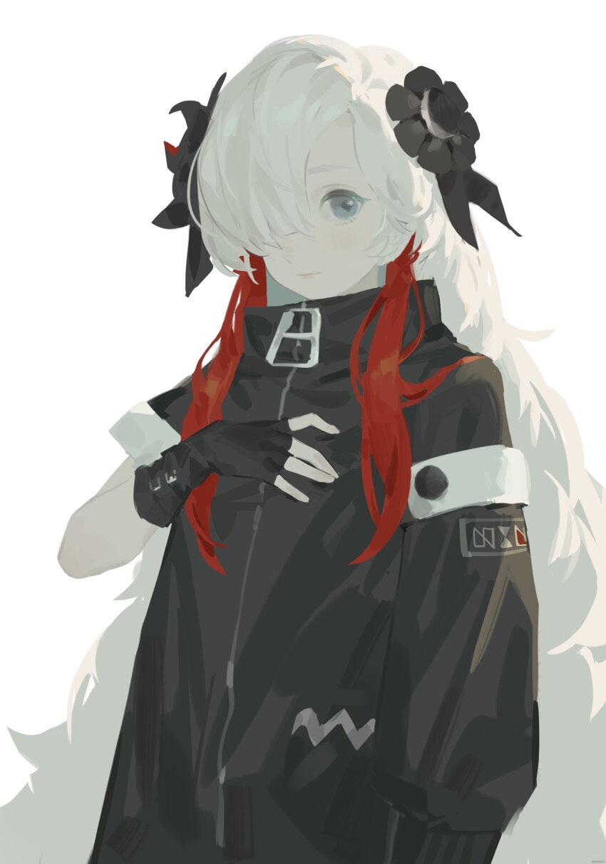 1girl absurdres asymmetrical_sleeves black_coat black_gloves blue_eyes closed_mouth coat curantohashdash fingerless_gloves flower gloves hair_flower hair_ornament hair_over_one_eye highres isekaijoucho kamitsubaki_studio long_hair looking_at_viewer multicolored_hair red_flower red_hair simple_background solo uneven_sleeves upper_body very_long_hair virtual_youtuber white_background white_hair