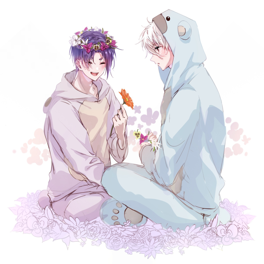 2boys blue_lock flower flower_wreath full_body hair_flower hair_ornament highres holding holding_flower hood hoodie long_sleeves male_focus mikage_reo multiple_boys nagi_seishirou purple_flower purple_hair red_flower short_hair white_background white_hair yomogi_(user_rvdf7243)