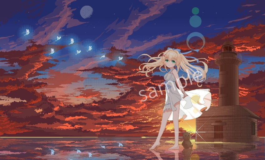 1girl alternate_costume arms_behind_back backlighting barefoot blonde_hair blue_bow blue_butterfly blue_sky bow bug butterfly chinese_commentary closed_mouth cloud cloudy_sky commentary_request dress dress_bow floating_clothes floating_hair frilled_dress frills fuchuangzi_summerwind full_body glowing_butterfly green_eyes hair_bow hair_intakes hair_ornament highres insect lighthouse long_hair looking_at_viewer moon outdoors red_sky reflective_floor sample_watermark sidelocks sky sleeveless sleeveless_dress smile solo standing stuffed_animal stuffed_toy summer_pockets sundress teddy_bear tsumugi_wenders twintails watermark white_dress wind x_hair_ornament