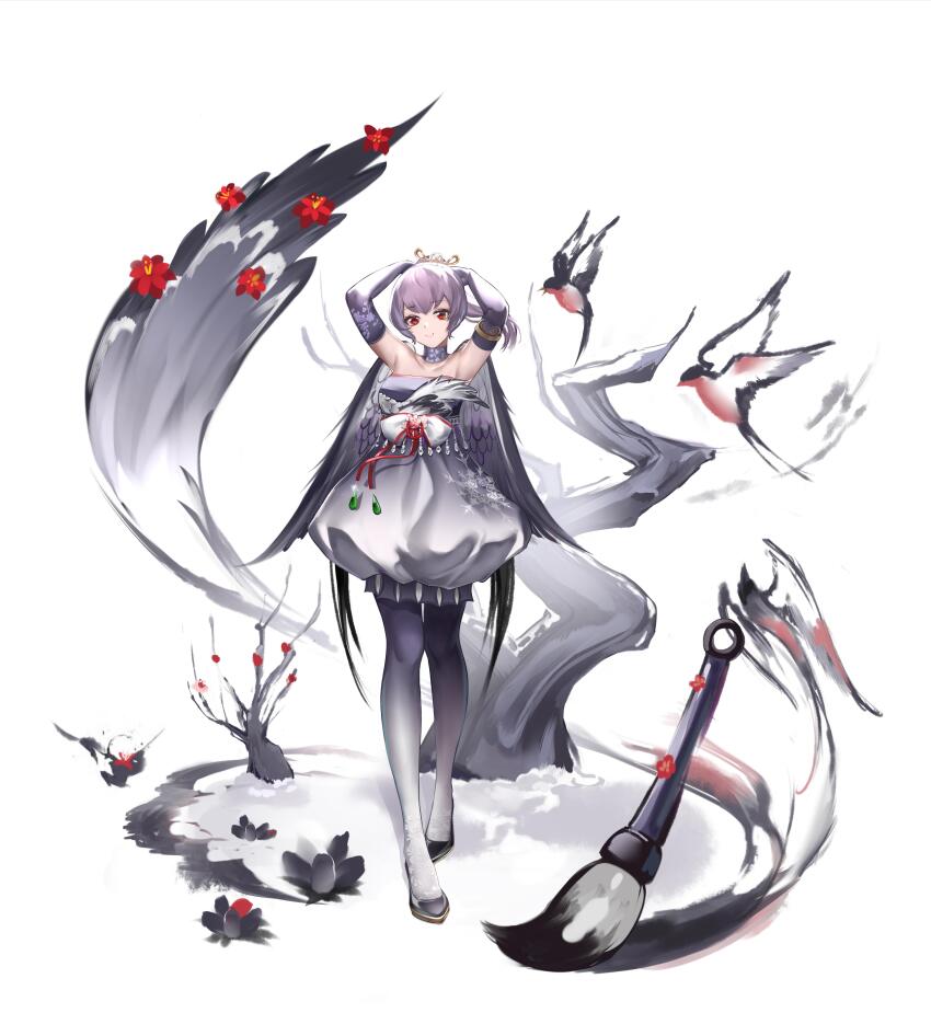 1girl absurdres adjusting_hair armpits arms_up bare_shoulders bare_tree bcy bird bird_wings black_footwear black_hair black_wings blue_flower bow calligraphy_brush choker closed_mouth da_pangpang_xianren dress dress_bow elbow_gloves faux_figurine feather_dress flower full_body gem giant_brush gloves gradient_clothes gradient_dress gradient_legwear green_gemstone grey_choker grey_dress grey_gloves hair_ornament highres ink ink_wash_painting looking_at_viewer miao_jiujiu paintbrush ponytail puffy_dress red_eyes red_flower short_hair smile snow snowflake_print solo standing strapless strapless_dress swallow_(bird) tree white_background white_bow white_dress wings
