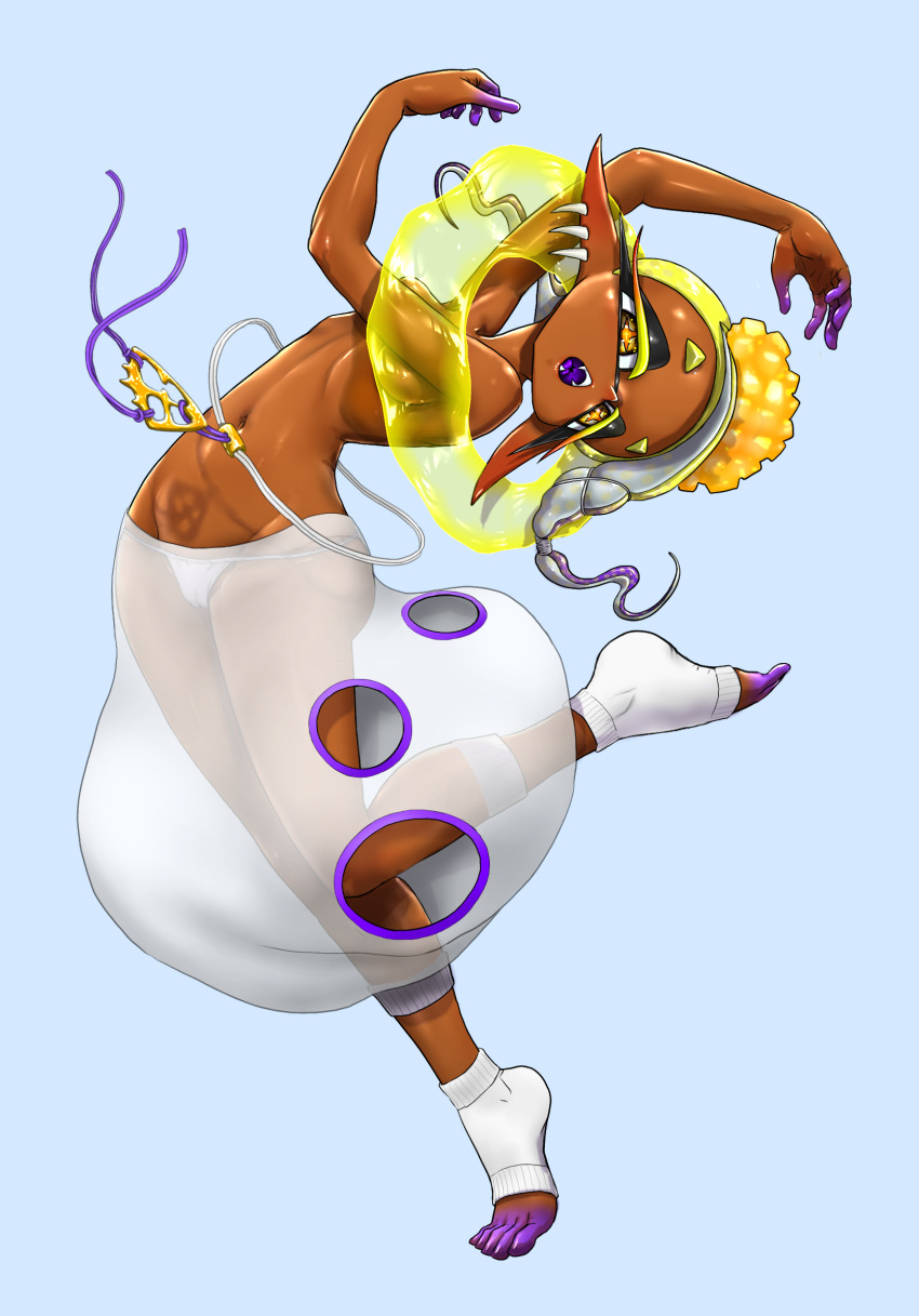 1girl arched_back belt bikini blonde_hair blue_background blush breasts cameltoe charm_(object) clothing_cutout colored_eyelashes colored_tongue cross-shaped_pupils dancing dark-skinned_female dark_skin ear_blush earrings fangs frye_(splatoon) full_body gradient_hair groin hair_ornament harem_pants highres inkling jewelry koharu2.5 long_hair looking_at_viewer lowleg lowleg_bikini medium_breasts multicolored_hair multiple_earrings navel nintendo nose_blush open_mouth pants pointy_ears pointy_nose polka_dot polka_dot_hair pom_pom_(clothes) pom_pom_hair_ornament purple_hair purple_mouth purple_tongue see-through_clothes see-through_pants see-through_shawl shawl simple_background splatoon_(series) swimsuit symbol-shaped_pupils tentacle_hair toeless_socks twintails white_bikini wide_hips yellow_eyes yellow_pupils