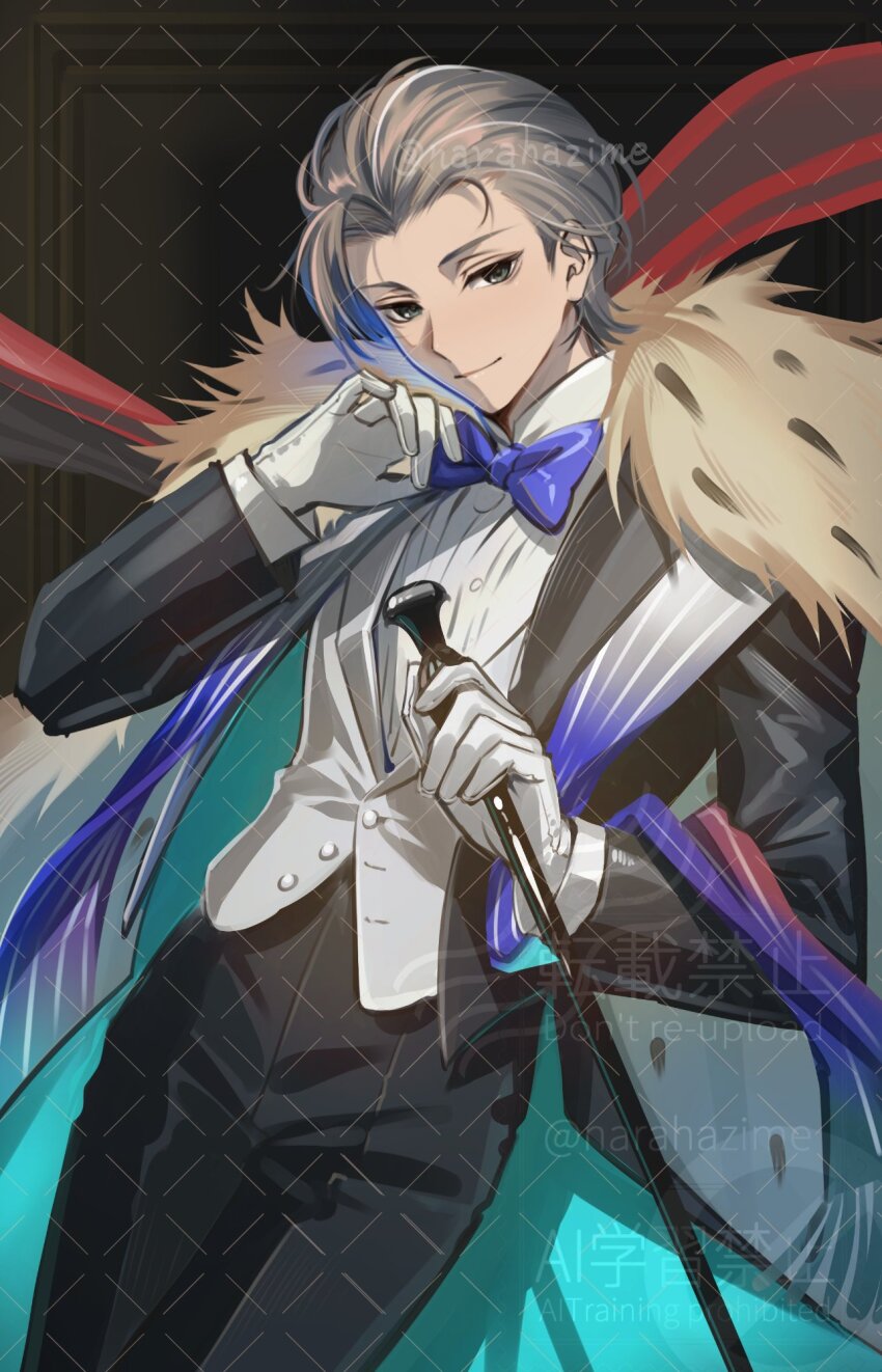 1boy alternate_hairstyle black_pants black_suit blue_necktie closed_mouth commentary english_commentary formal_clothes gloves grey_hair highres looking_at_viewer male_focus narahazime necktie pants shirt simple_background smile solo suit white_background white_gloves white_shirt wise_(zenless_zone_zero) zenless_zone_zero