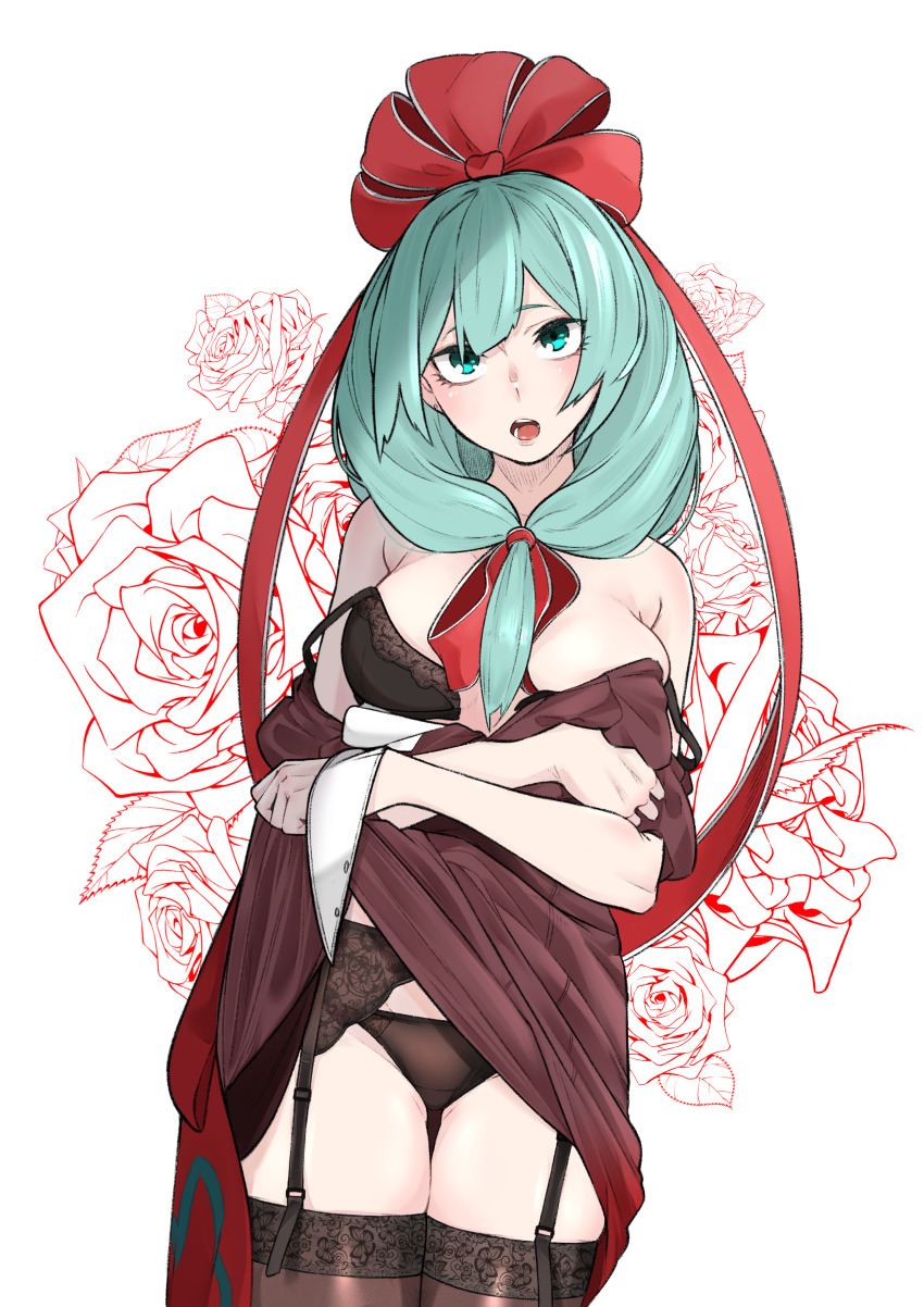 1girl absurdres black_bra black_panties bow bra breasts brown_dress dress front_ponytail green_eyes green_hair hair_bow hair_ribbon highres kagiyama_hina large_breasts long_hair looking_at_viewer open_mouth panties red_bow red_ribbon ribbon short_sleeves shot_(shot0598) simple_background solo touhou underwear white_background