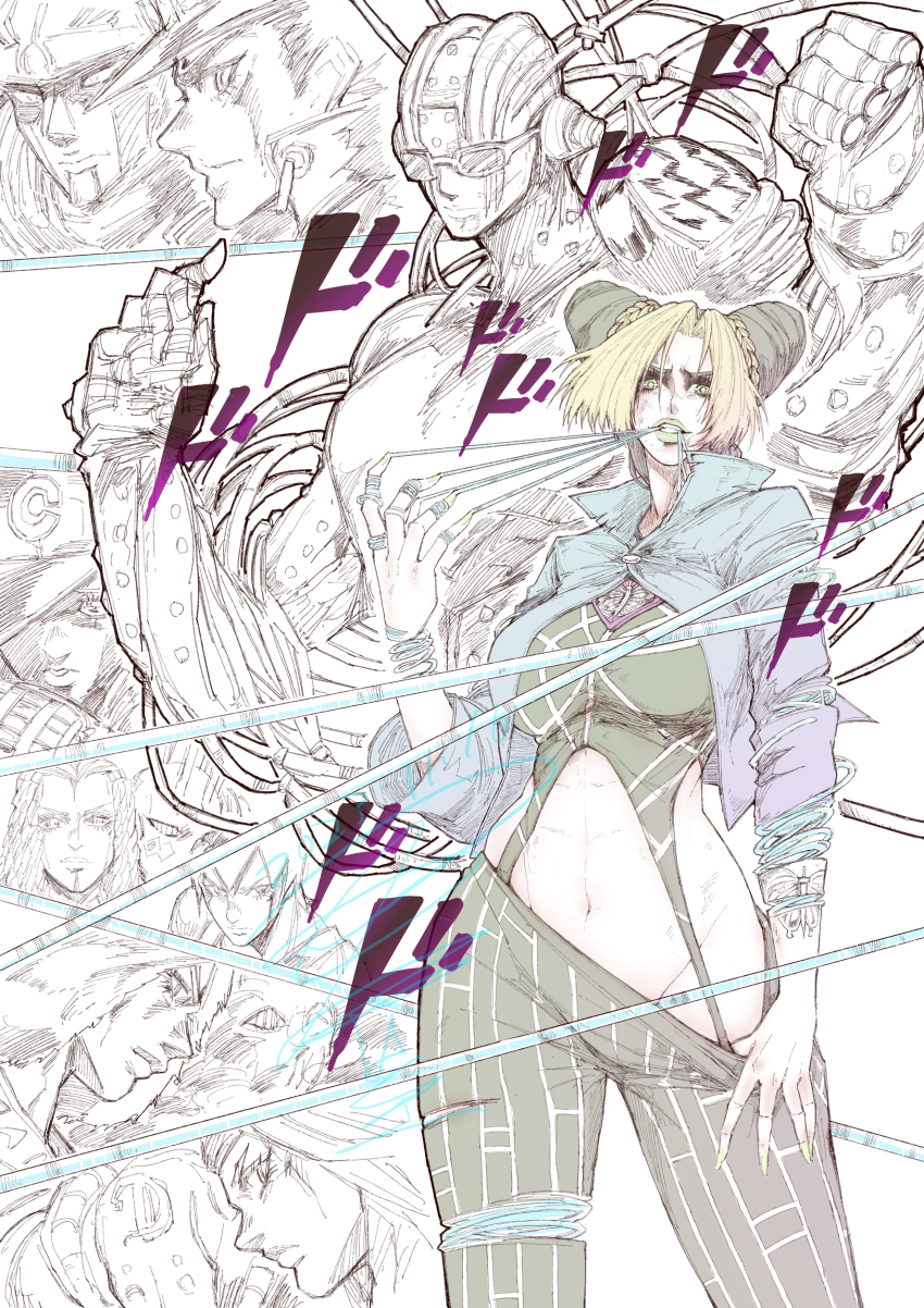3girls 4boys blonde_hair braid breasts diver_down_(stand) double_bun emporio_alnino ermes_costello foo_fighters_(jojo) hair_bun jojo_no_kimyou_na_bouken jun_wu_mo kiss_(stand) kuujou_jolyne kuujou_joutarou large_breasts long_hair midriff multicolored_hair multiple_boys multiple_girls narciso_anasui navel solo_focus spider_web_print stand_(jojo) star_platinum stone_free stone_ocean tattoo thighs two-tone_hair weather_report