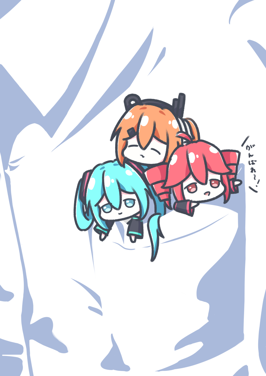 1other a.i._voice absurdres adachi_rei aqua_eyes aqua_hair breast_pocket chibi closed_eyes closed_mouth cott_(cott_5) drill_hair hair_ornament hatsune_miku highres in_pocket kasane_teto kasane_teto_(utau) long_hair long_sleeves looking_at_viewer mini_person minigirl orange_hair pocket red_eyes red_hair twin_drills twintails utau vocaloid