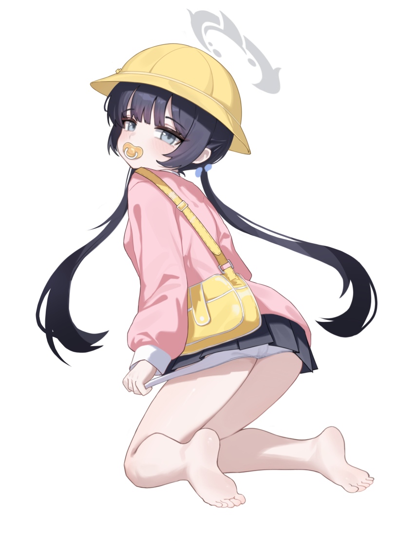 1girl absurdres arm_at_side ass bare_legs barefoot black_hair black_skirt blue_archive blunt_bangs blush feet from_behind grey_eyes grey_halo hair_bobbles hair_ornament halo hat highres kindergarten_uniform kisaki_(blue_archive) kisaki_(kindergarten_uniform)_(blue_archive) kneeling knees_together_feet_apart loli long_hair looking_at_viewer looking_back low_twintails miniskirt official_alternate_costume official_alternate_hairstyle pacifier panties panty_pull pink_shirt pleated_skirt pulling_own_clothes school_hat shirt sidelocks simple_background skirt soles solo thighs toes twintails underwear very_long_hair white_background white_panties xiaoxiaoyifan yellow_hat